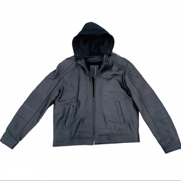 Knoles & Carter Jacket Black Leather Bomber Hoodie - Picture 2 of 16
